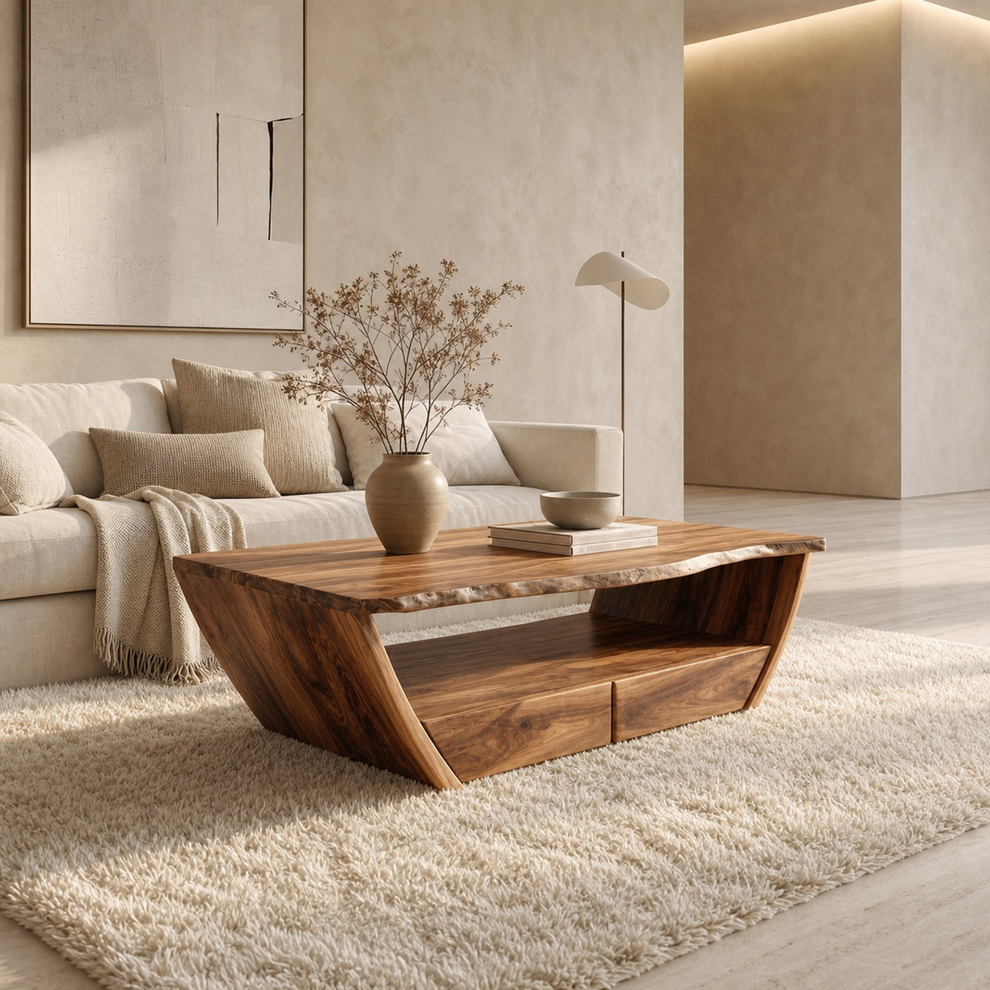 Natural Coffee Table With Open Storage Living Room