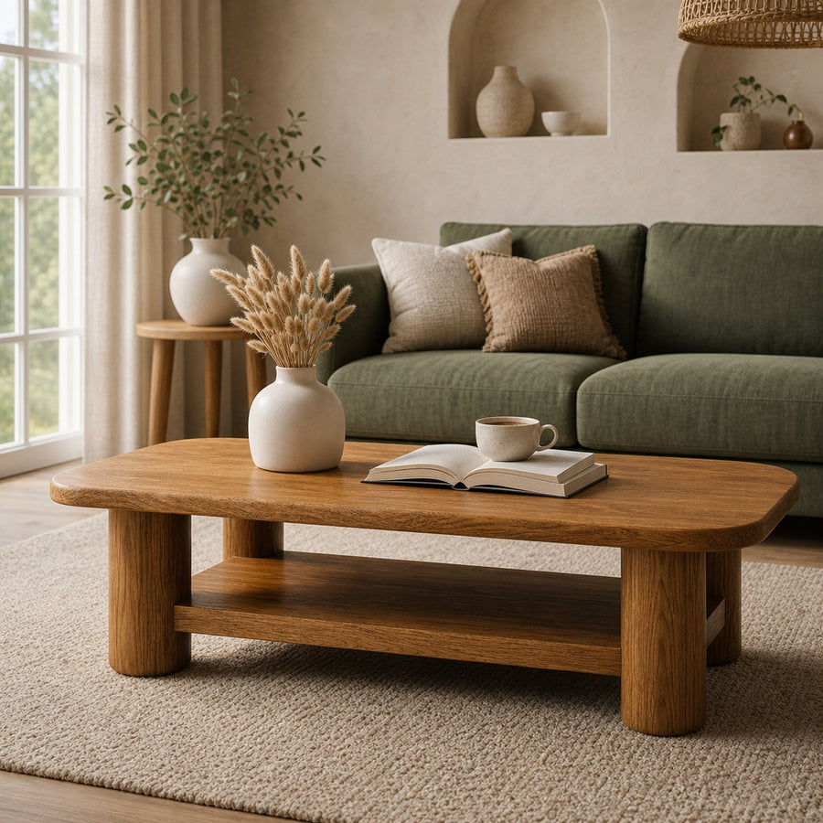 Natural Oak Style Solid Wood Coffee Table Cozy Living Room Interior
