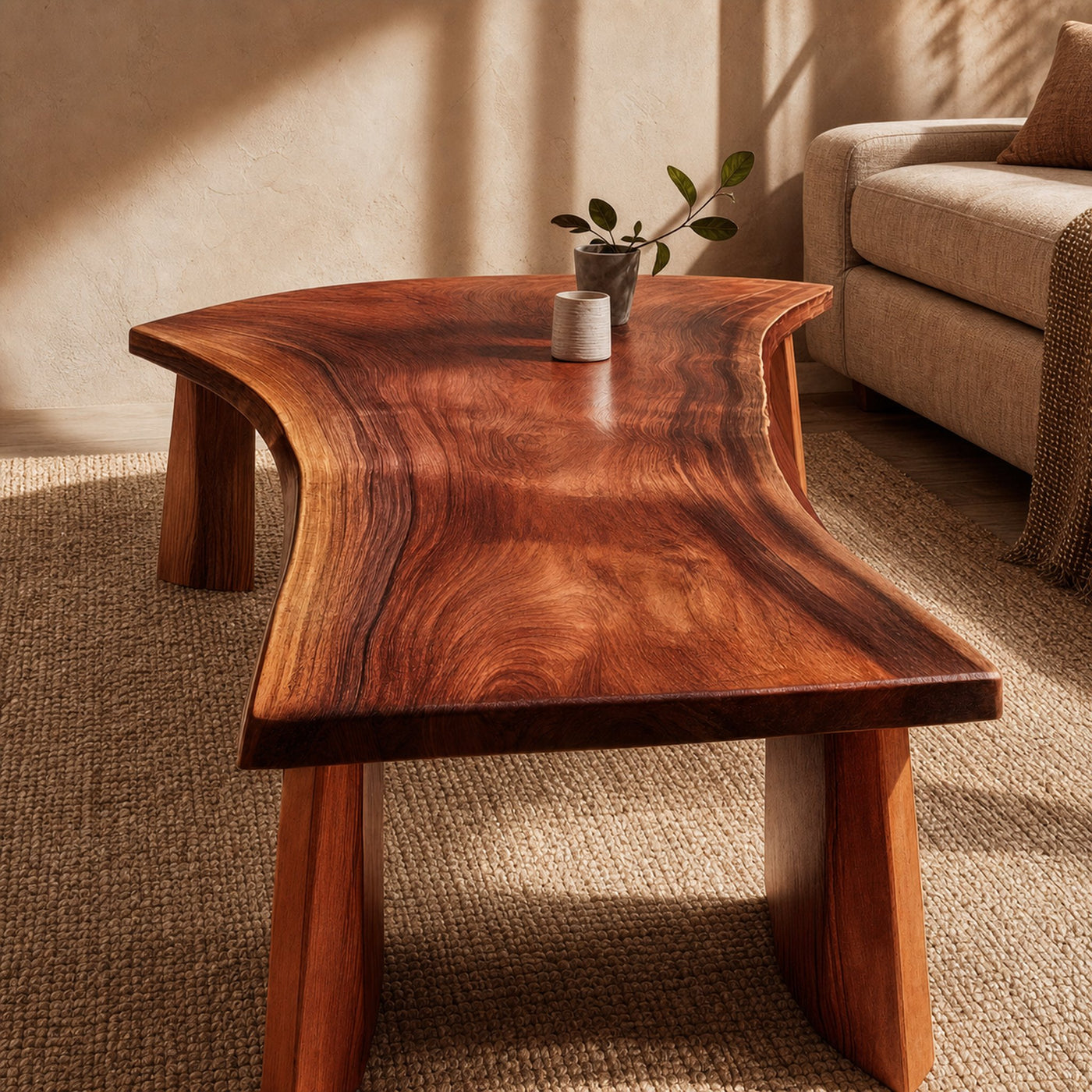 Natural Slab Coffee Table Solid Wood Live Edge A Shape Structure Living Room