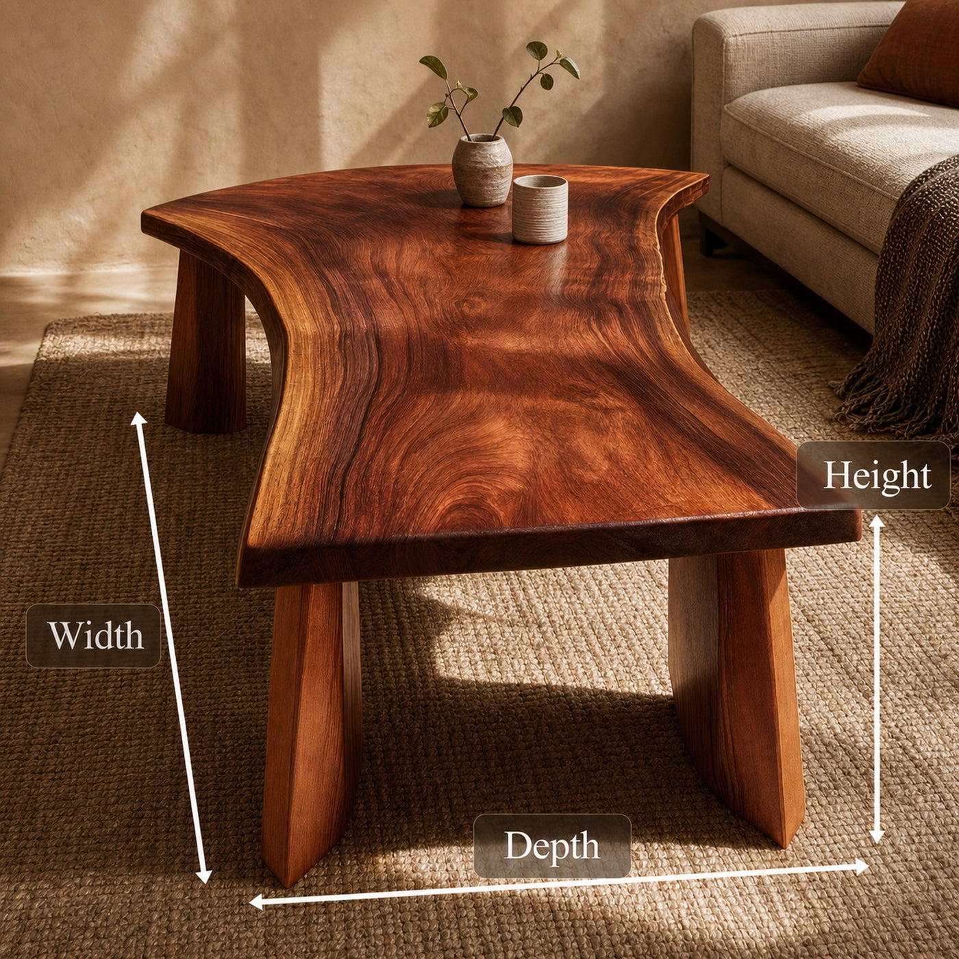 Natural Slab Coffee Table Solid Wood Live Edge A Shape Structure Living Room - product view 6