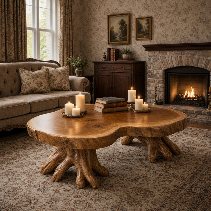 Natural Stump Base Solid Wood Coffee Table Organic Rustic Living Room Interior