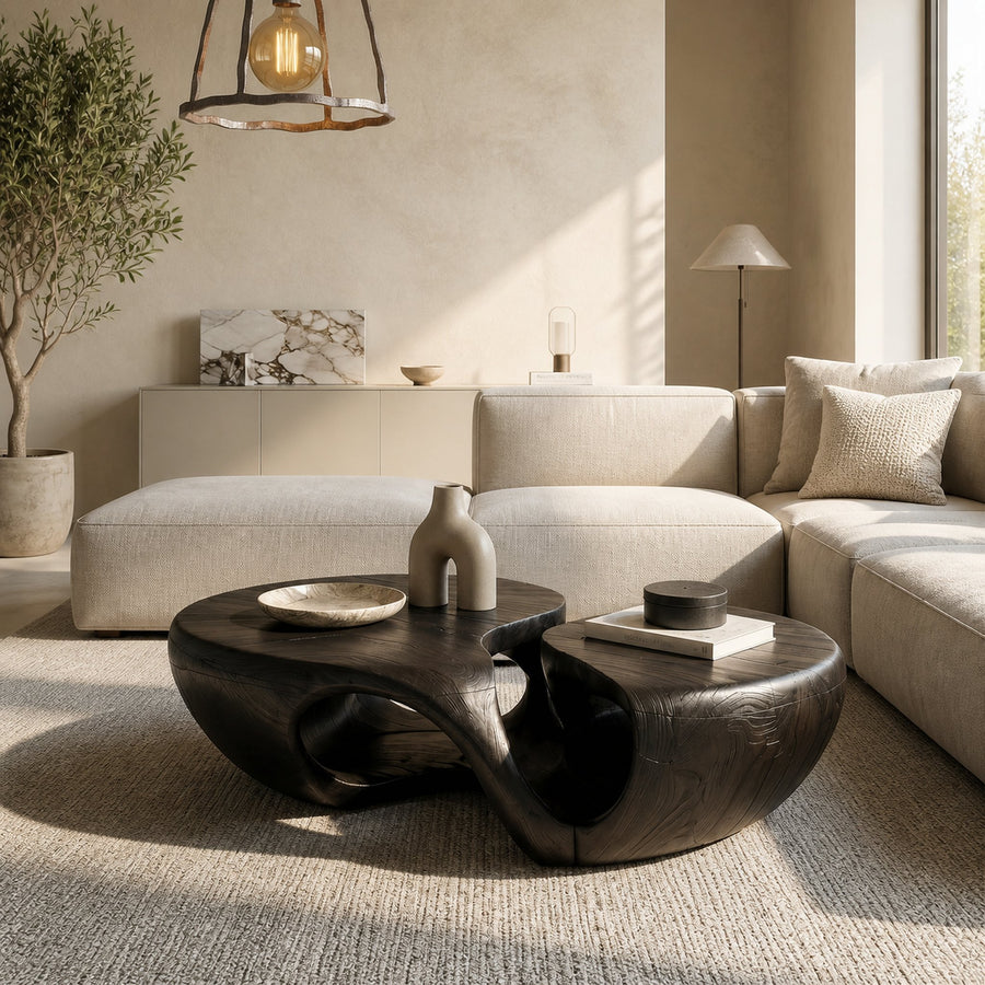 Nature Inspired Coffee Table With Artistic Open Base Design For Living Room