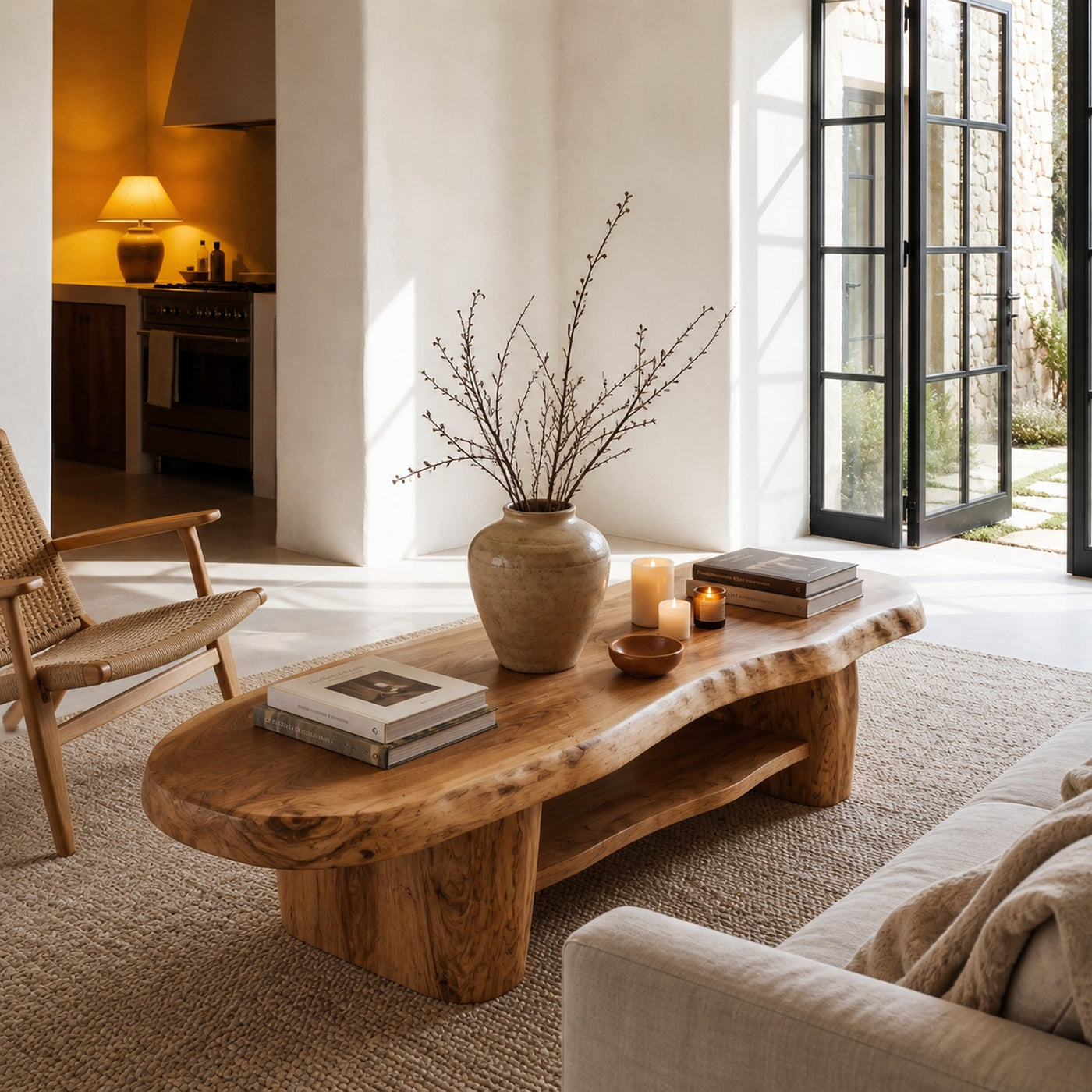 Nature Inspired Coffee Table With Sculptural Wood Base For Living Room