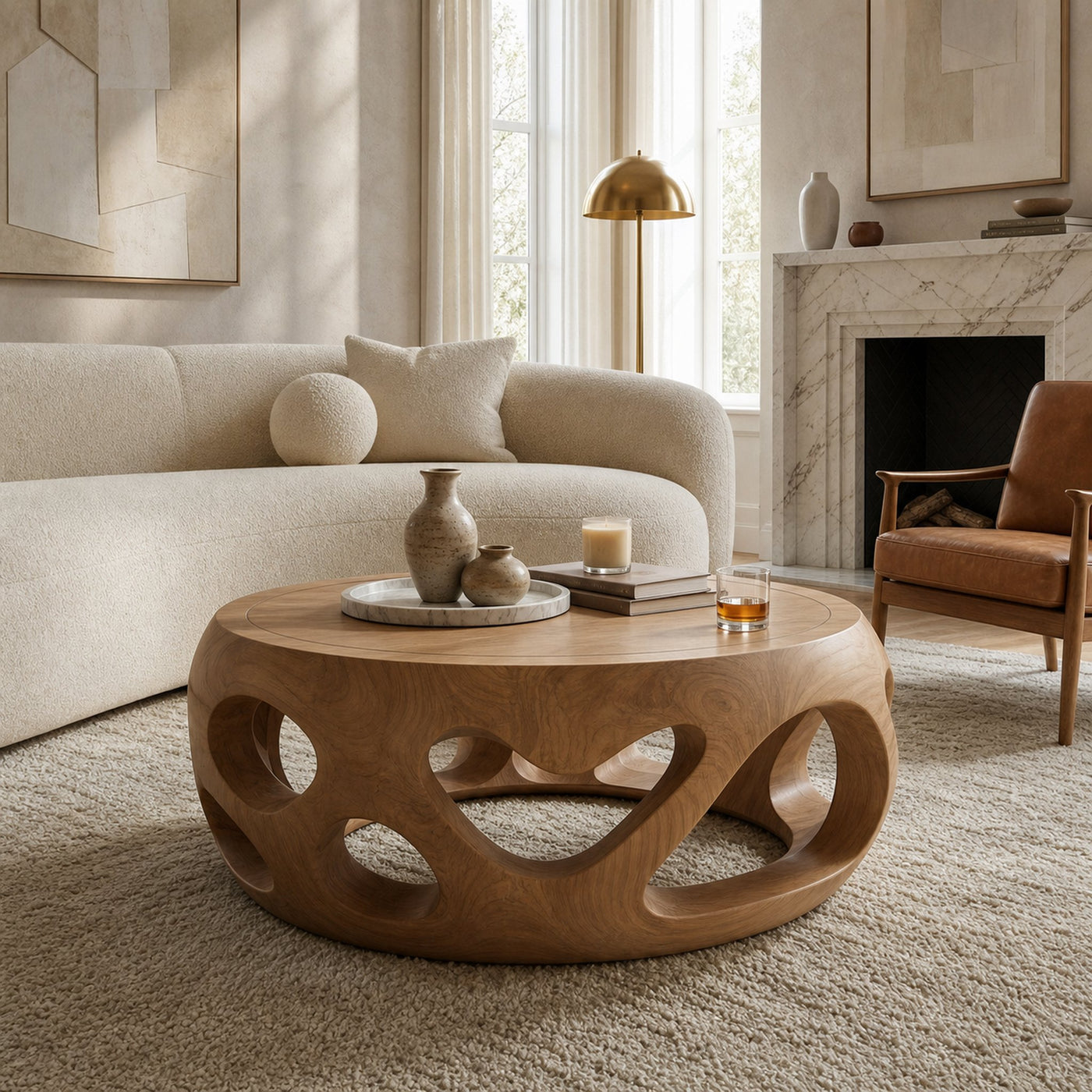 Organic Coffee Table Solid Wood Circular Hollow Structure Living Room - product view 6