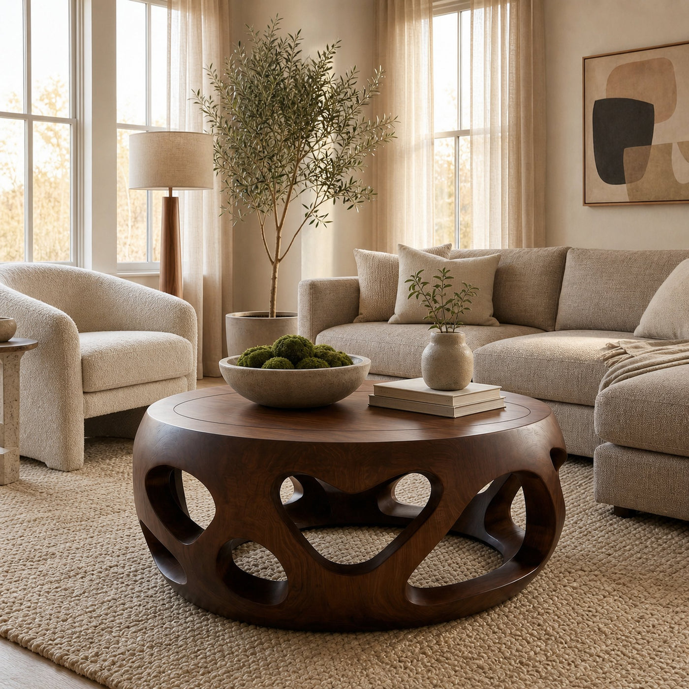 Organic Coffee Table Solid Wood Circular Hollow Structure Living Room - product view 7