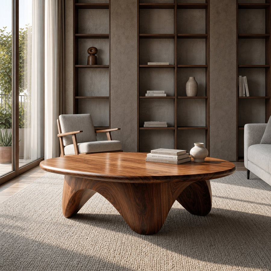 Organic Coffee Table With Carved Base For Living Room