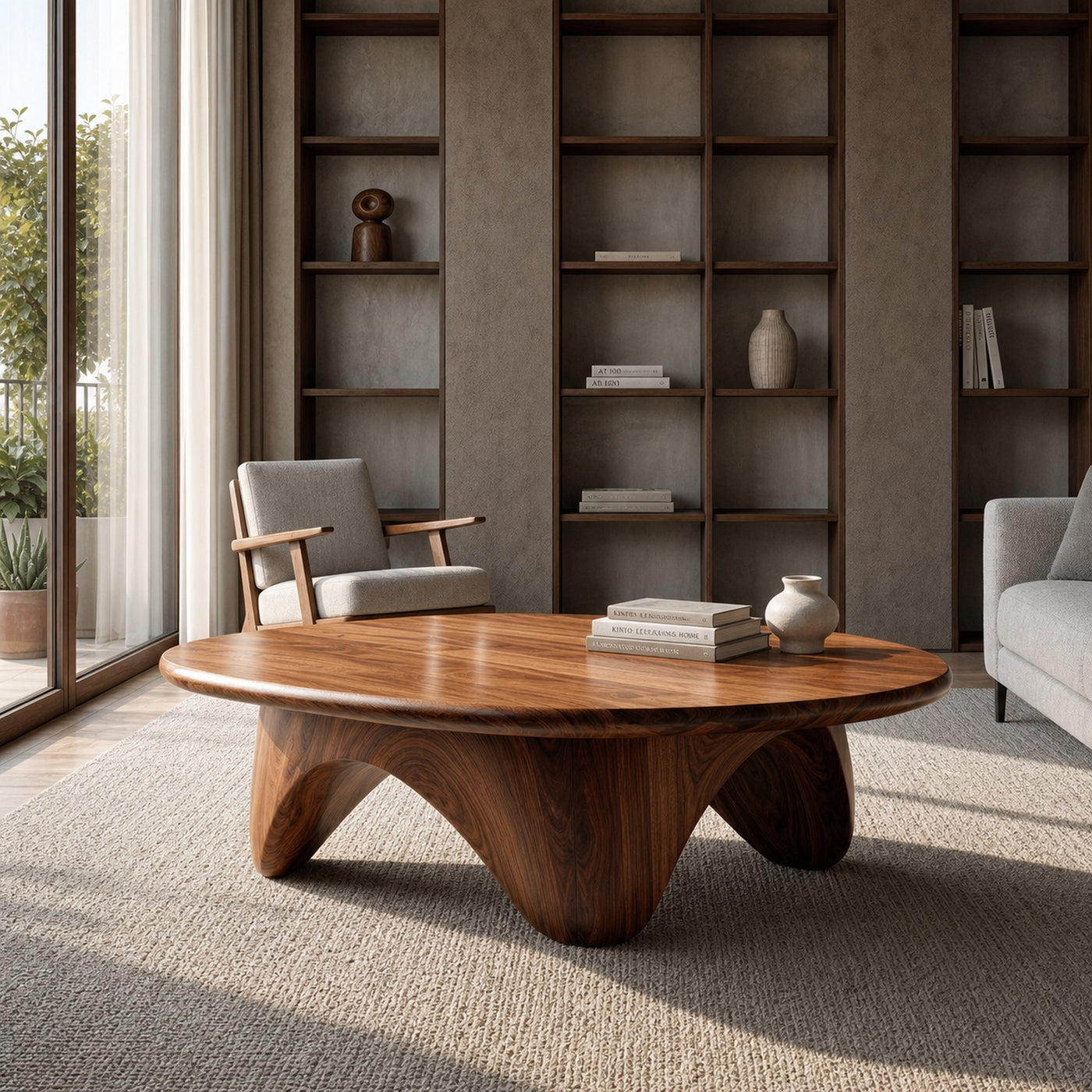 Organic Coffee Table With Carved Base For Living Room