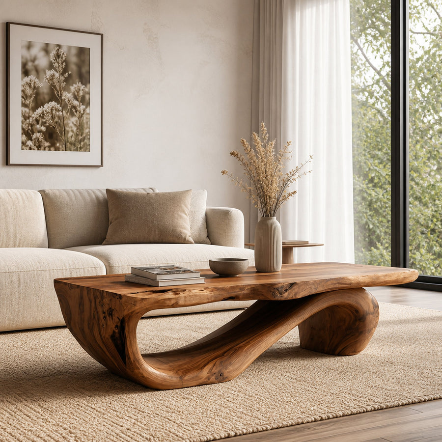Organic Coffee Table With Carved Wood Base For Living Room