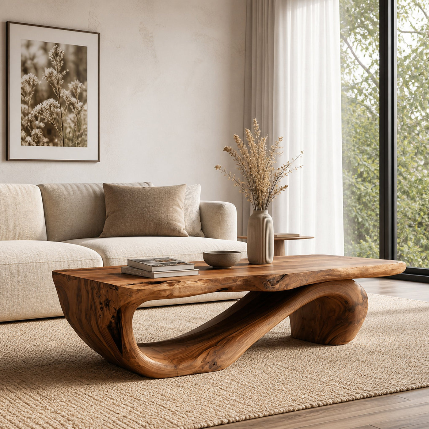 Organic Coffee Table With Carved Wood Base For Living Room