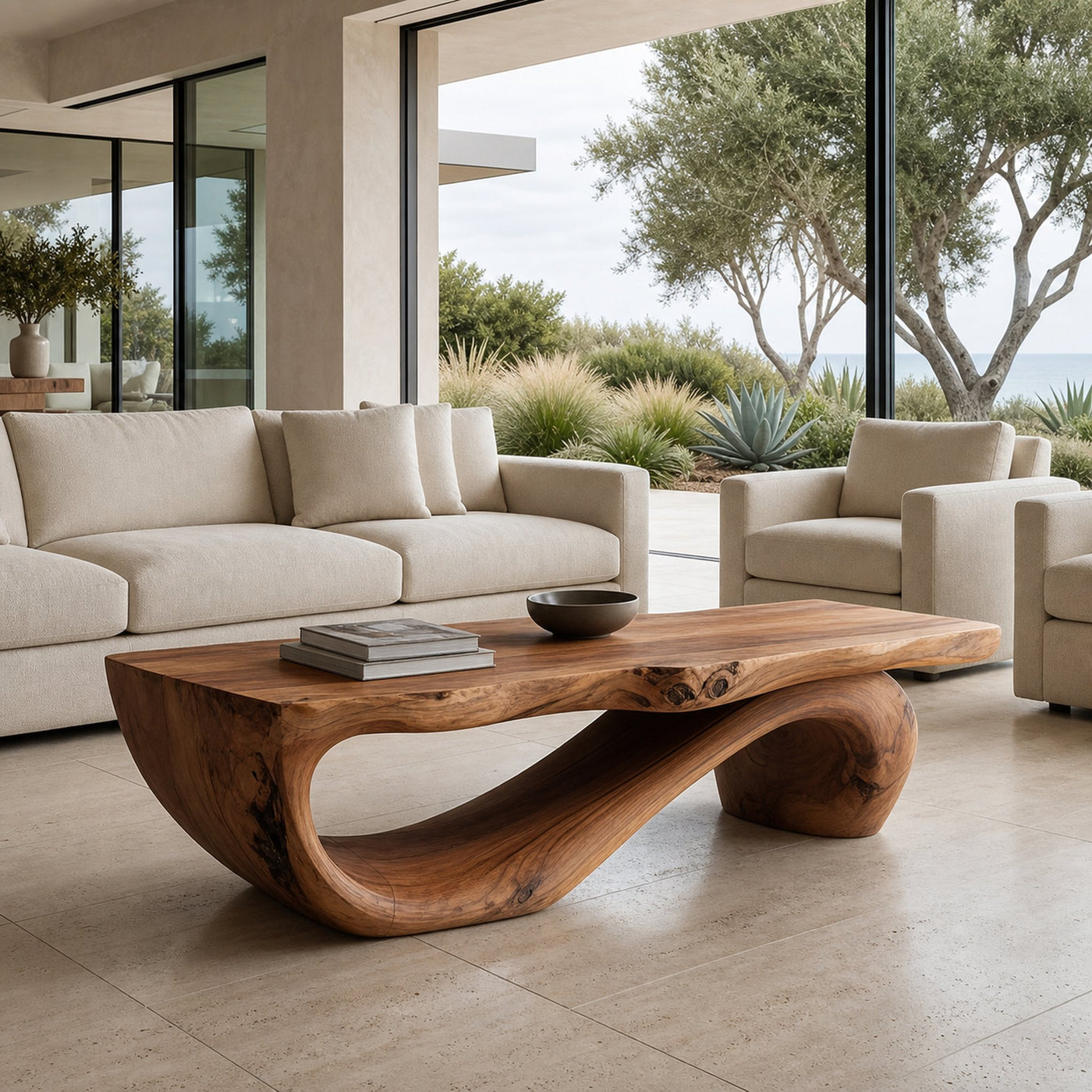 Organic Coffee Table With Carved Wood Base For Living Room - product view 6