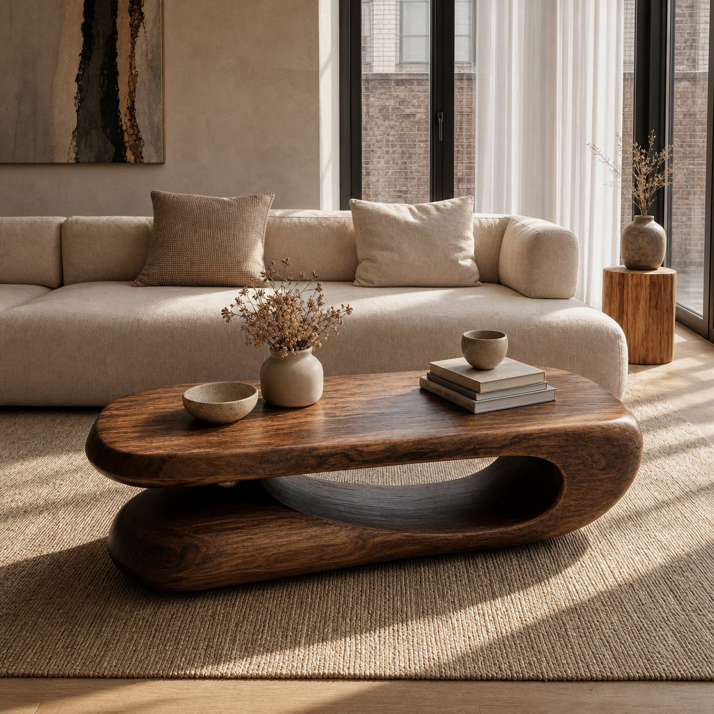 Organic Coffee Table With Flowing Monolithic Wood Form For Living Room