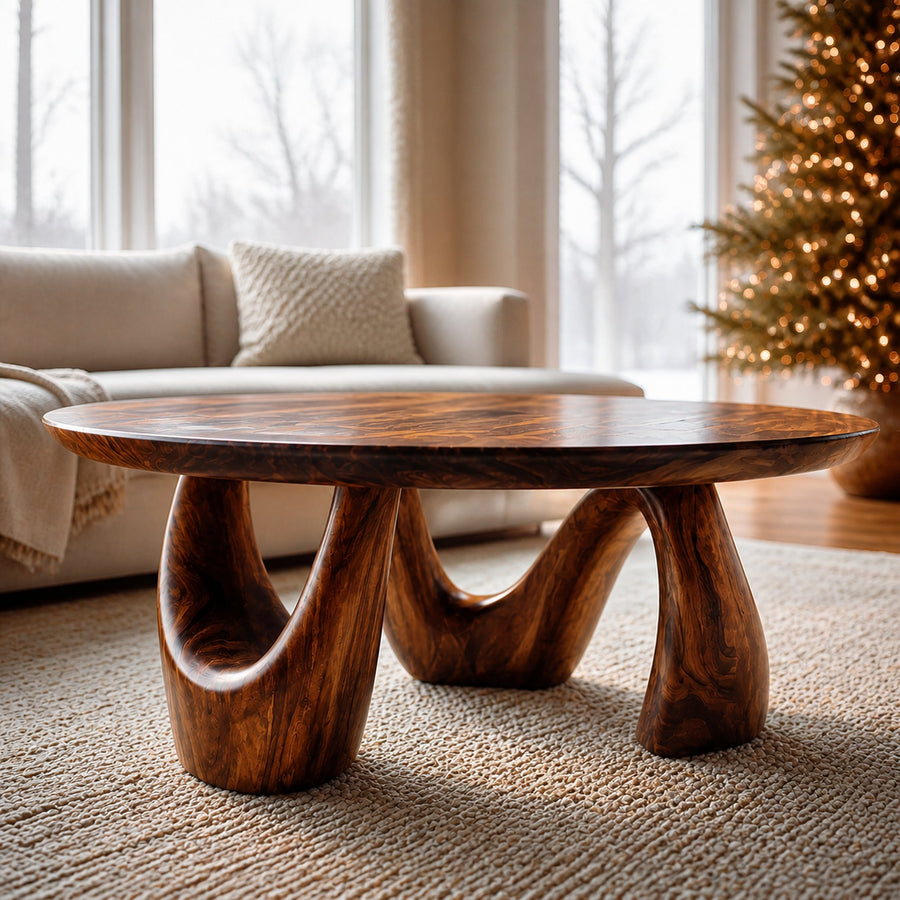 Organic Coffee Table With Freeform Live Edge Top And Sculptural Loop Wood Base For Living Room