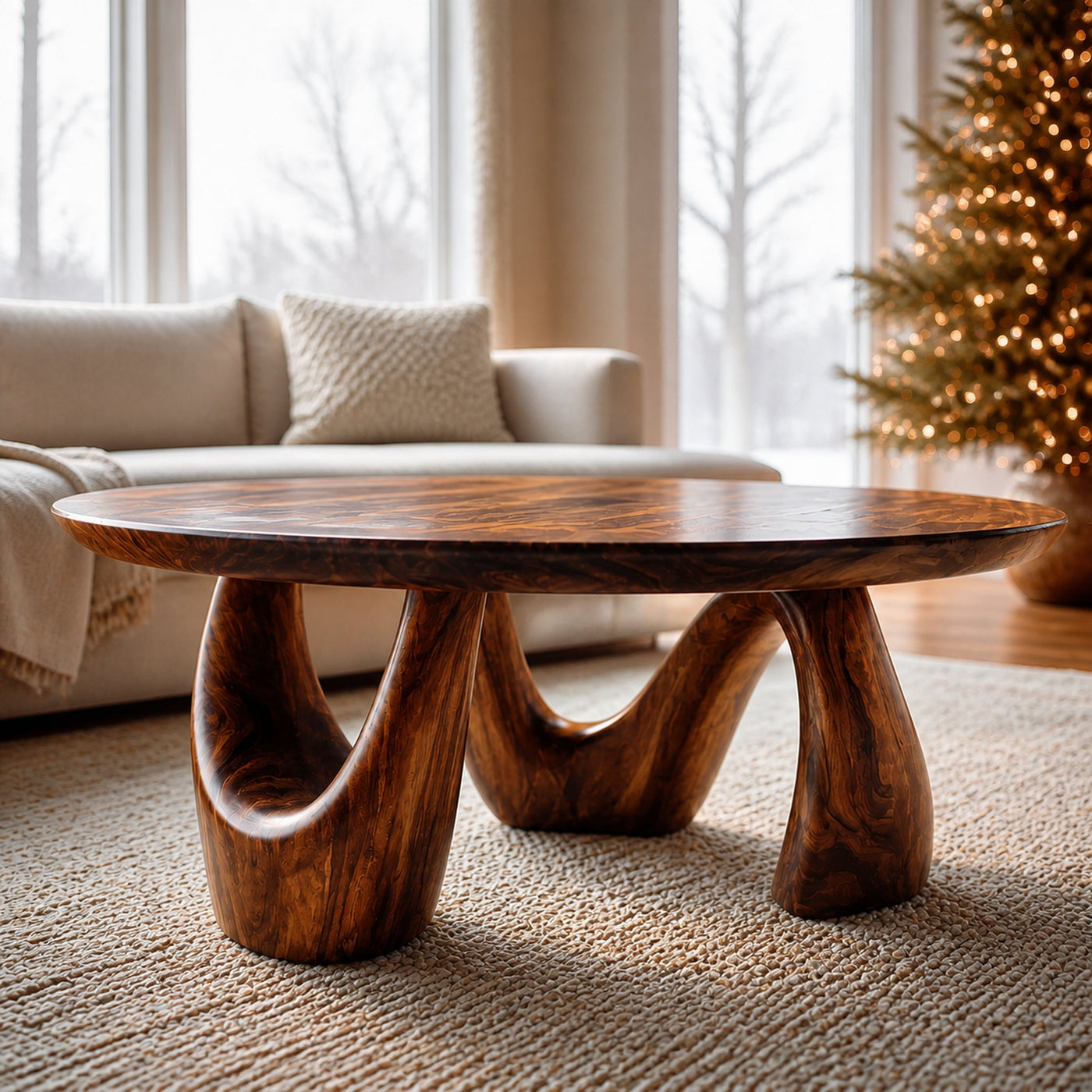 Organic Coffee Table With Freeform Live Edge Top And Sculptural Loop Wood Base For Living Room