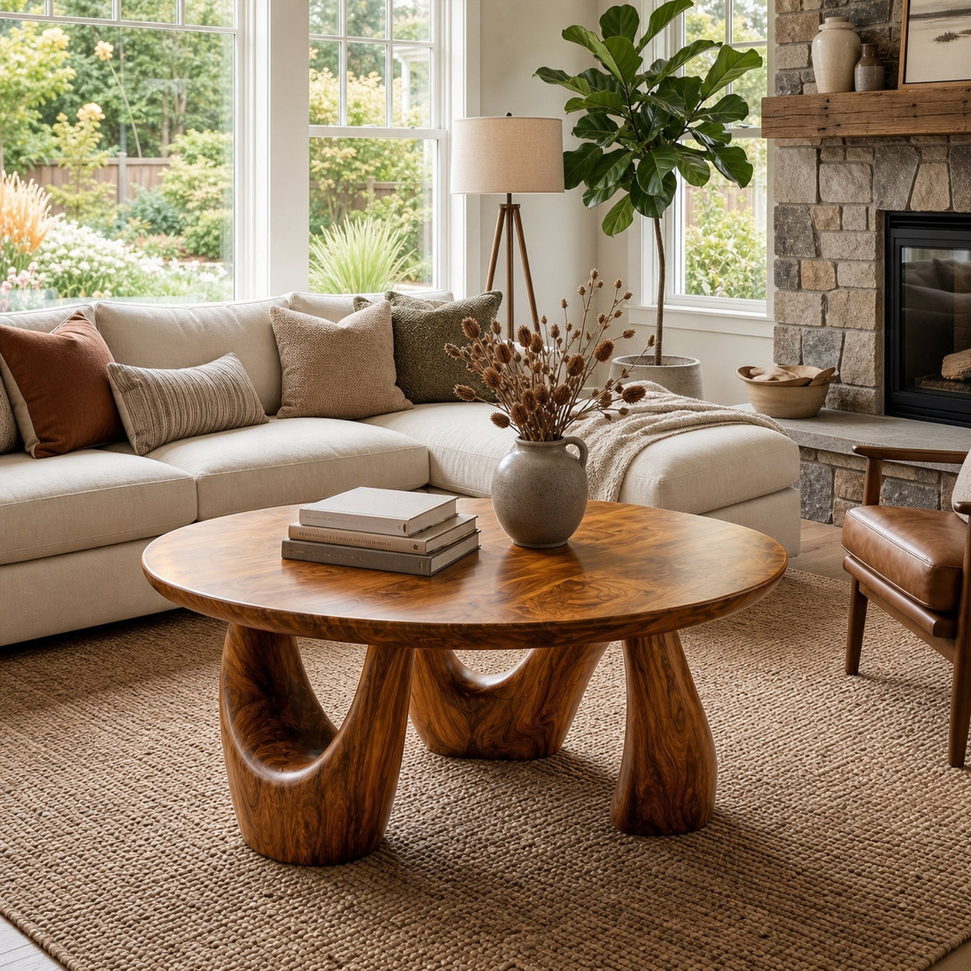 Organic Coffee Table With Freeform Live Edge Top And Sculptural Loop Wood Base For Living Room - product view 6