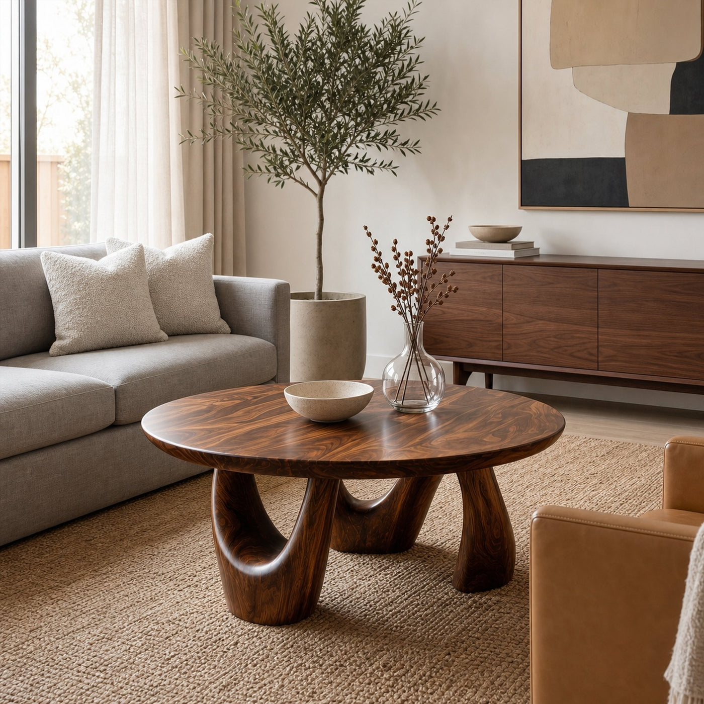 Organic Coffee Table With Freeform Live Edge Top And Sculptural Loop Wood Base For Living Room - product view 7