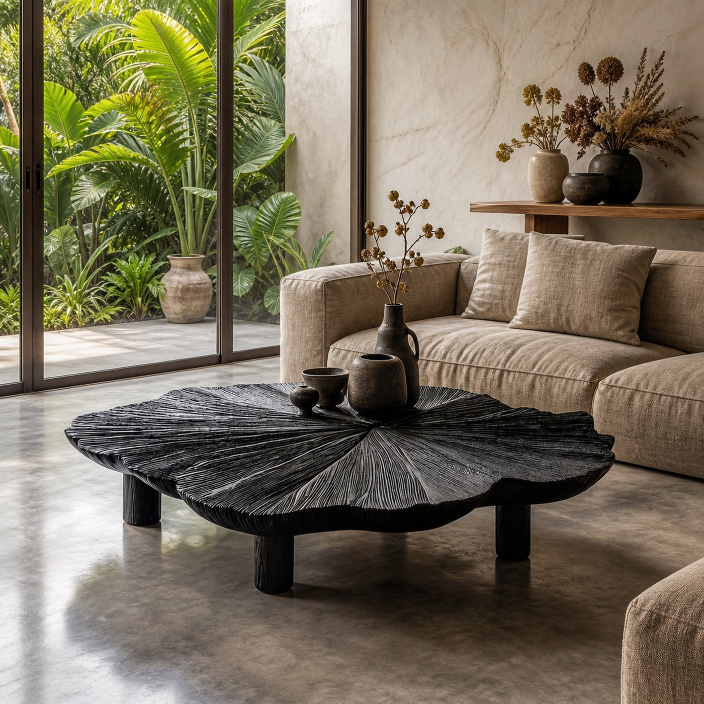 Organic Coffee Table With Hand Carved Solid Wood Design For Living Room