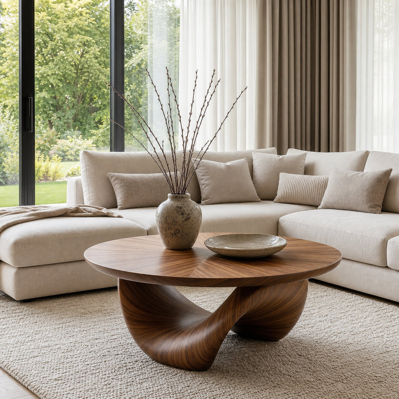 Organic Coffee Table With Sculptural Twisted Wood Base For Living Room