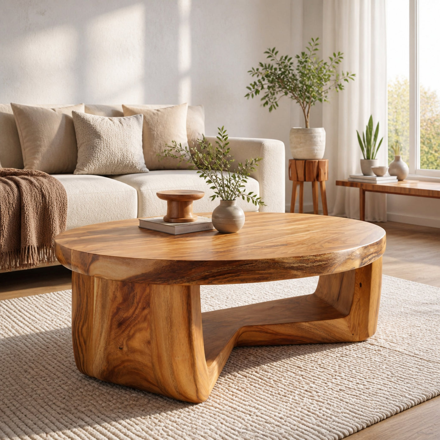 Organic Curve Solid Wood Coffee Table Serene Modern Living Room Interior