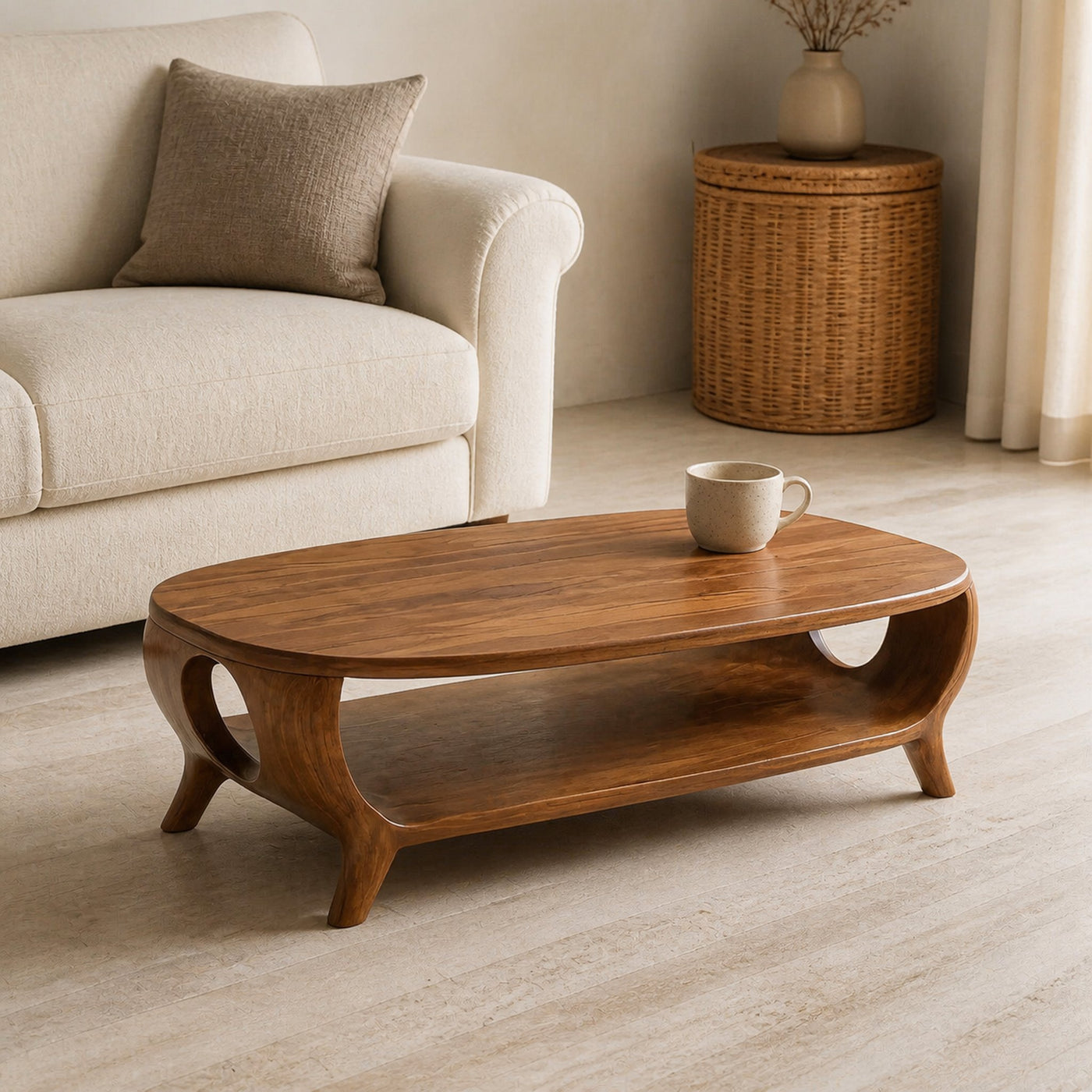 Organic Curved Coffee Table With Shelf For Living Room Decor