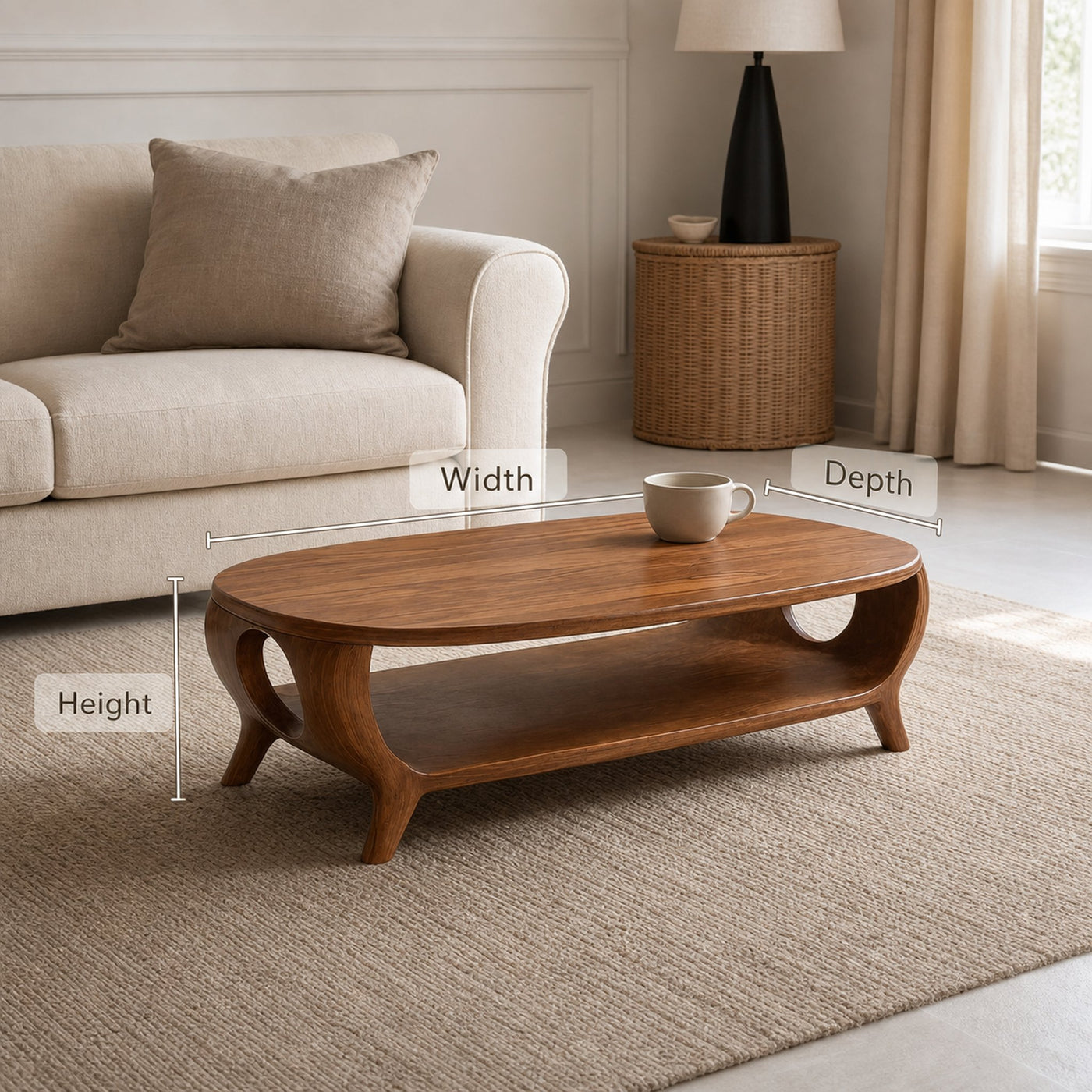 Organic Curved Coffee Table With Shelf For Living Room Decor - product view 6
