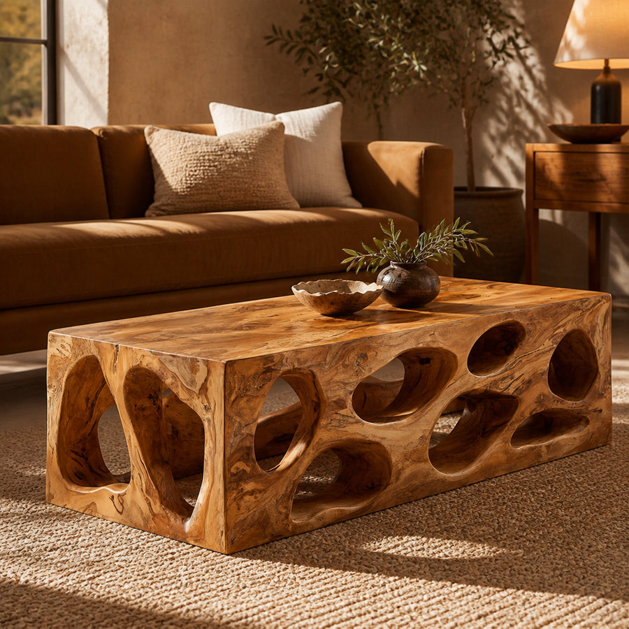 Organic Hollow Carved Solid Wood Coffee Table Sculptural Statement Warm Living Room Interior