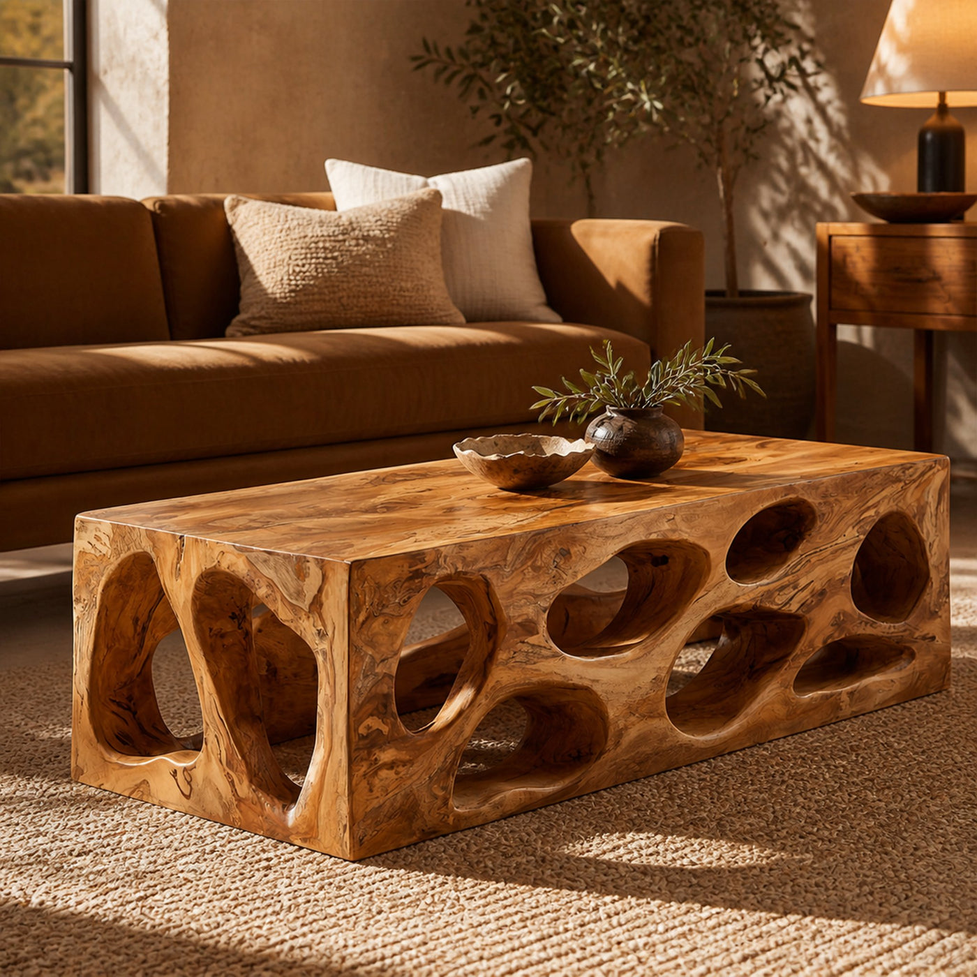 Organic Hollow Carved Solid Wood Coffee Table Sculptural Statement Warm Living Room Interior