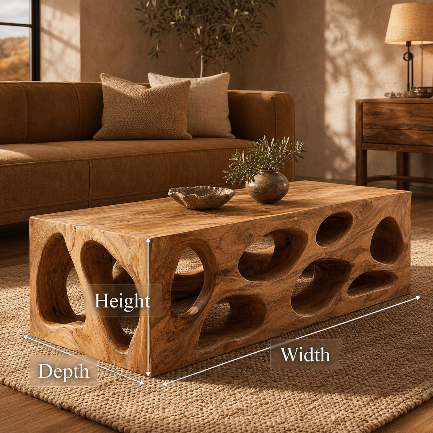 Organic Hollow Carved Solid Wood Coffee Table Sculptural Statement Warm Living Room Interior - product view 6