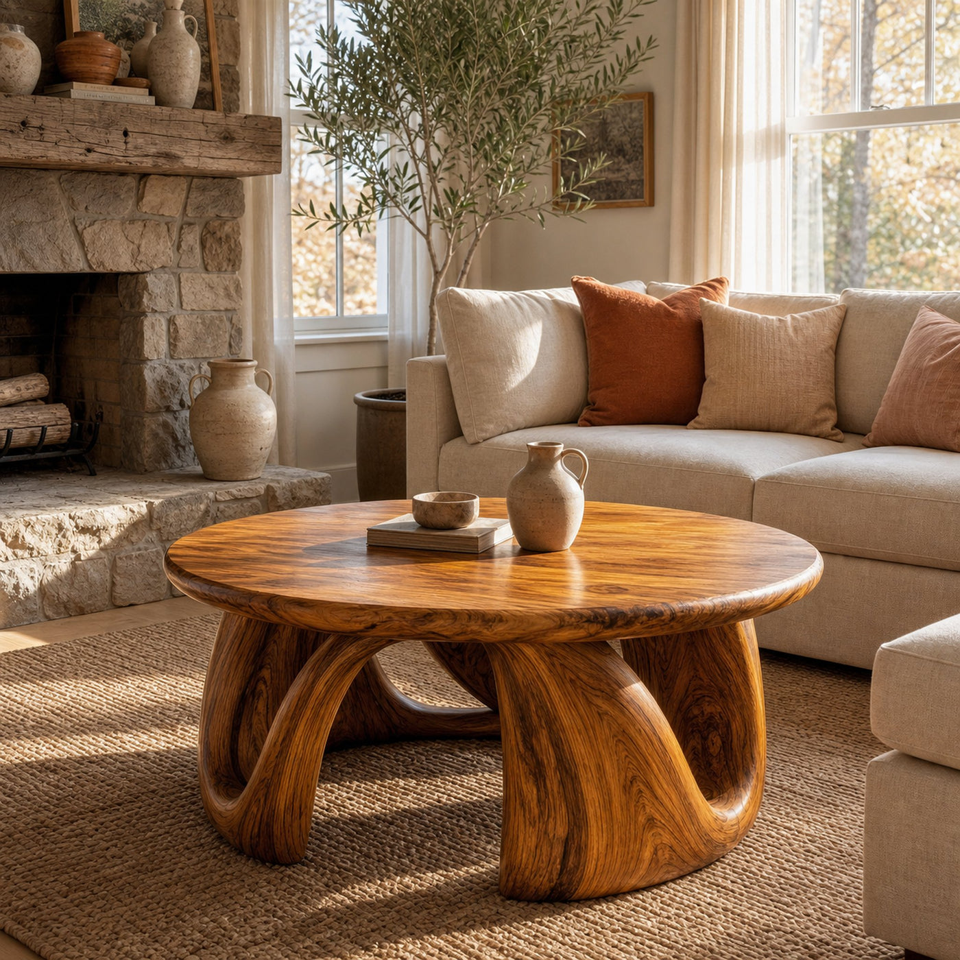 Organic Modern Coffee Table With Round Wood Top And Artistic Curved Base For Living Room