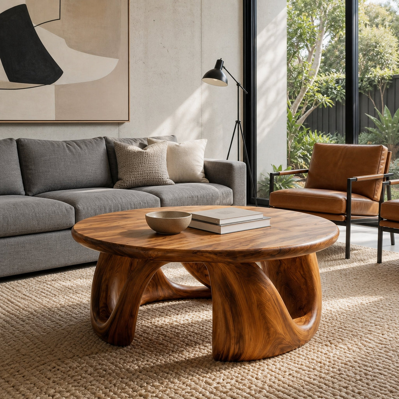 Organic Modern Coffee Table With Round Wood Top And Artistic Curved Base For Living Room - product view 6