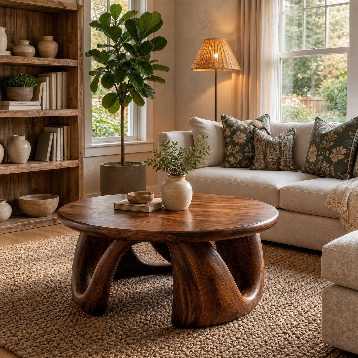 Organic Modern Coffee Table With Round Wood Top And Artistic Curved Base For Living Room - product view 7