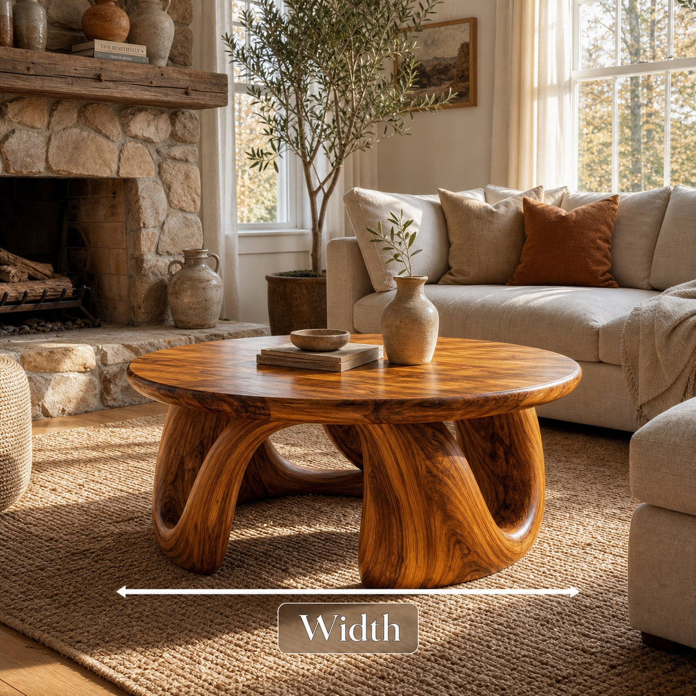 Organic Modern Coffee Table With Round Wood Top And Artistic Curved Base For Living Room - product view 8