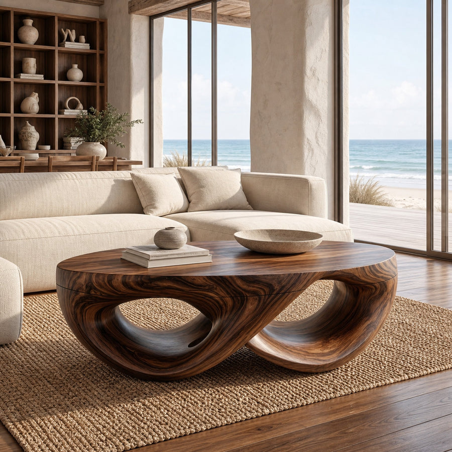 Organic Sculptural Coffee Table With Flowing Solid Wood Silhouette For Living Room