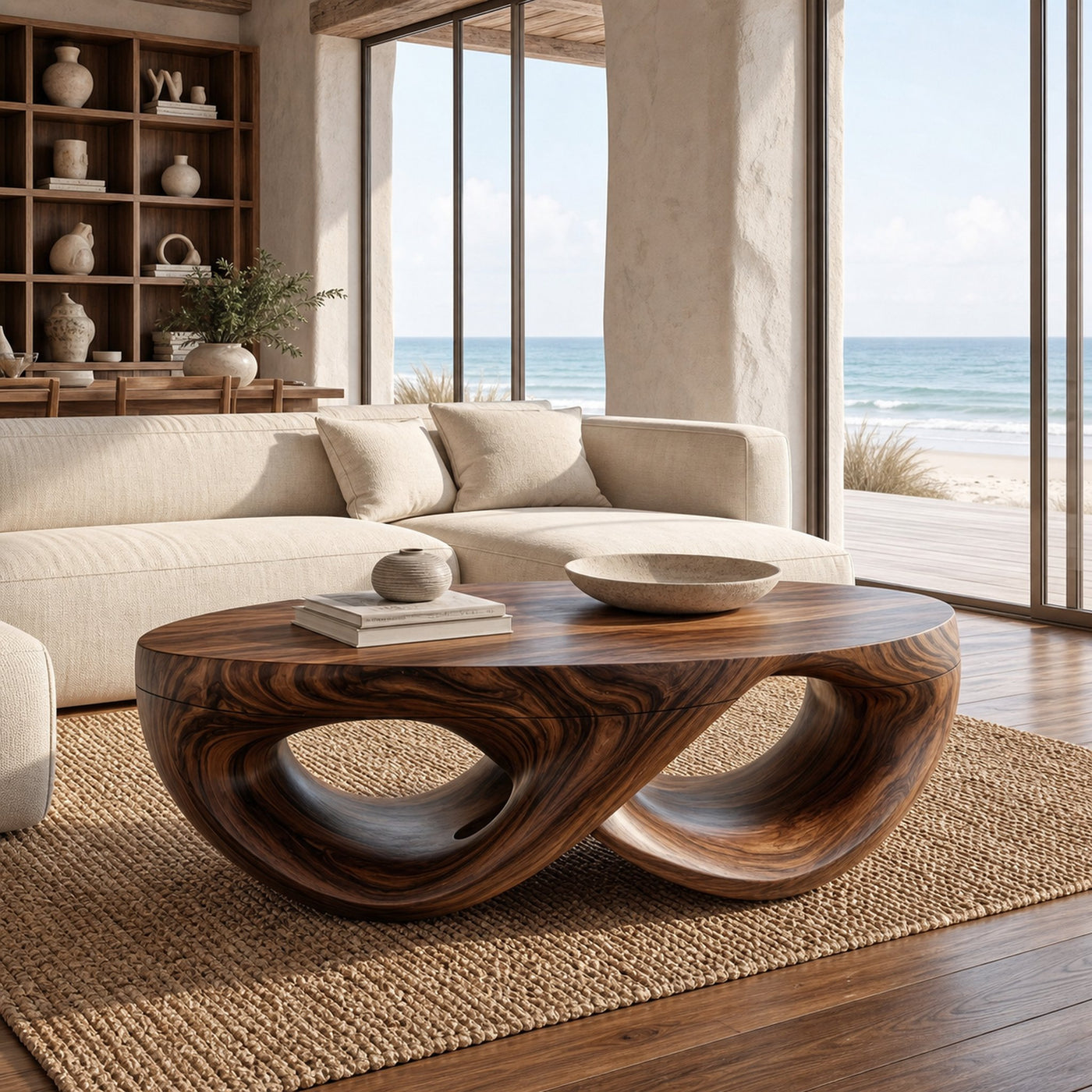 Organic Sculptural Coffee Table With Flowing Solid Wood Silhouette For Living Room