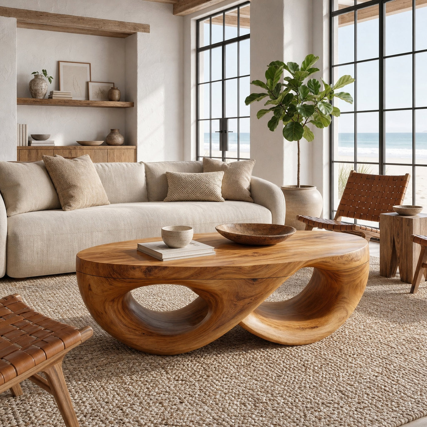 Organic Sculptural Coffee Table With Flowing Solid Wood Silhouette For Living Room - product view 6