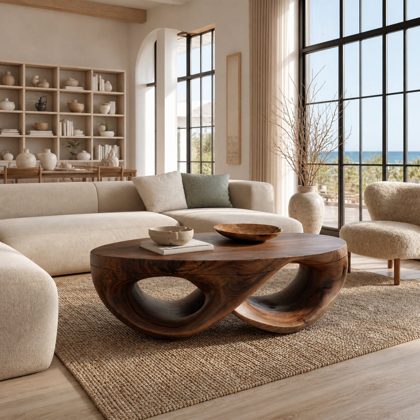 Organic Sculptural Coffee Table With Flowing Solid Wood Silhouette For Living Room - product view 7