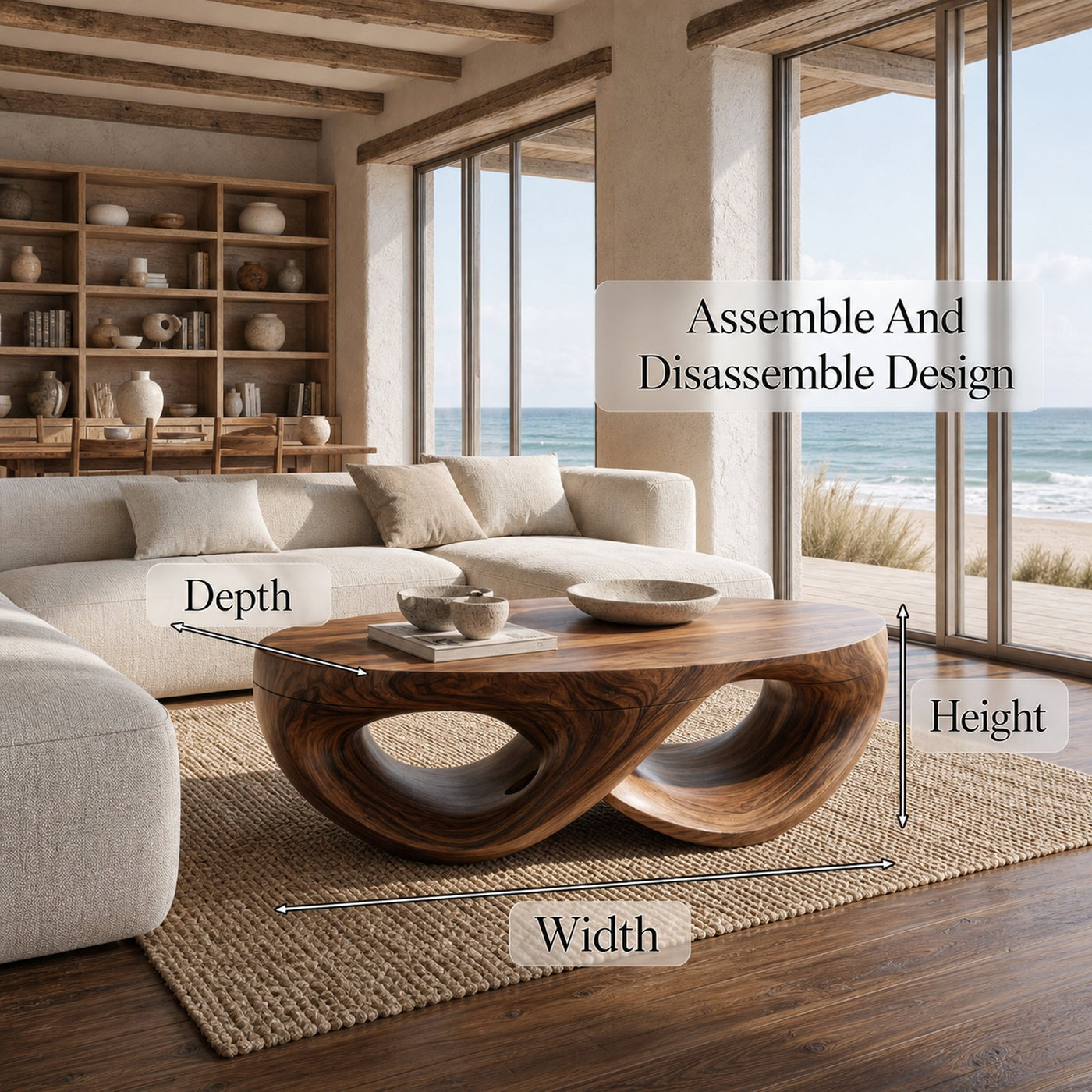 Organic Sculptural Coffee Table With Flowing Solid Wood Silhouette For Living Room - product view 8