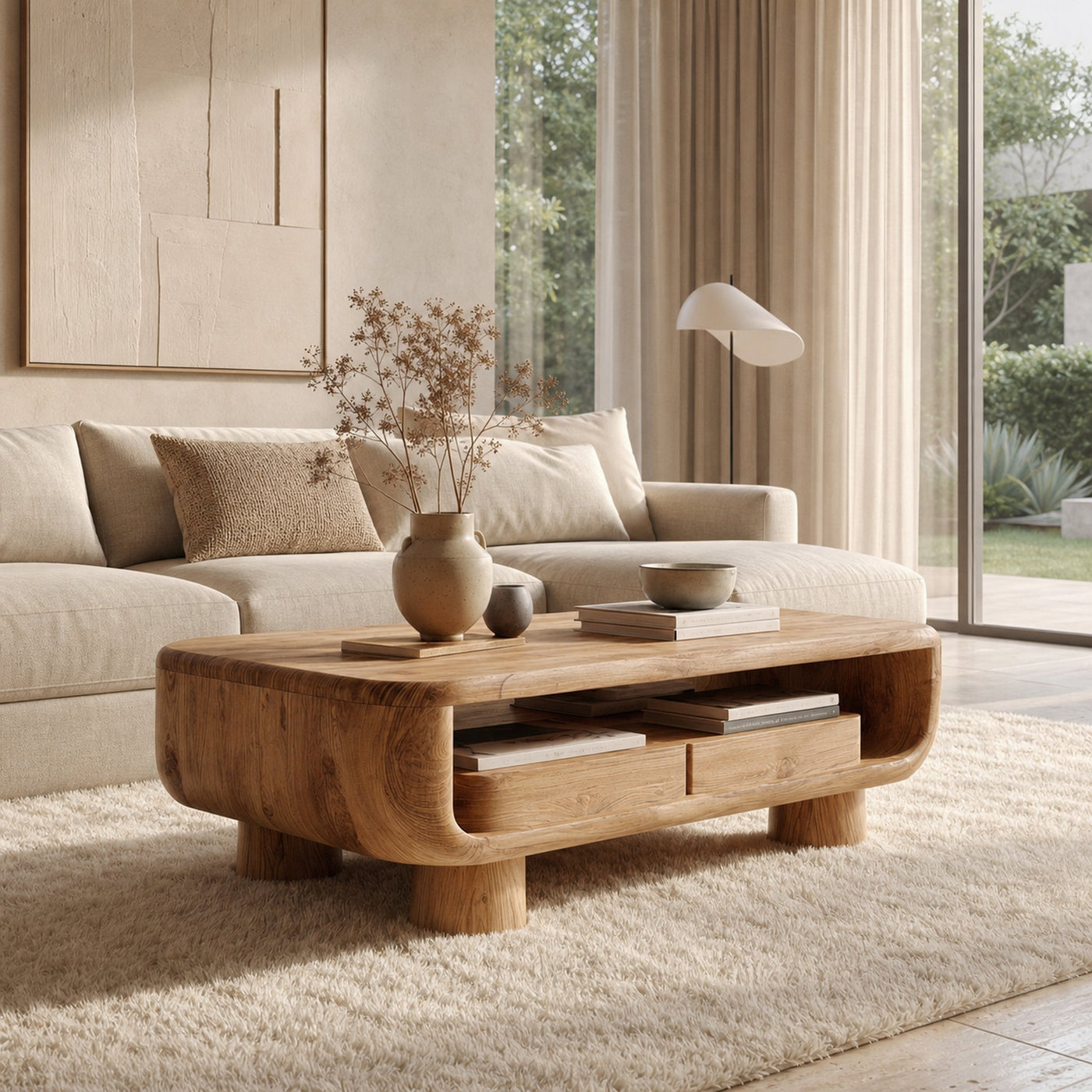 Organic Solid Wood Coffee Table Storage Shelf Living Room