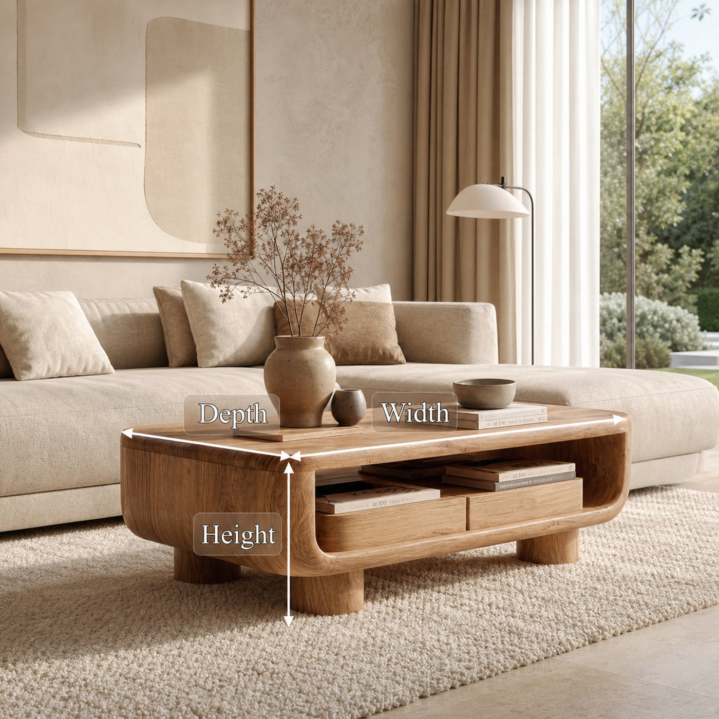 Organic Solid Wood Coffee Table Storage Shelf Living Room - product view 6
