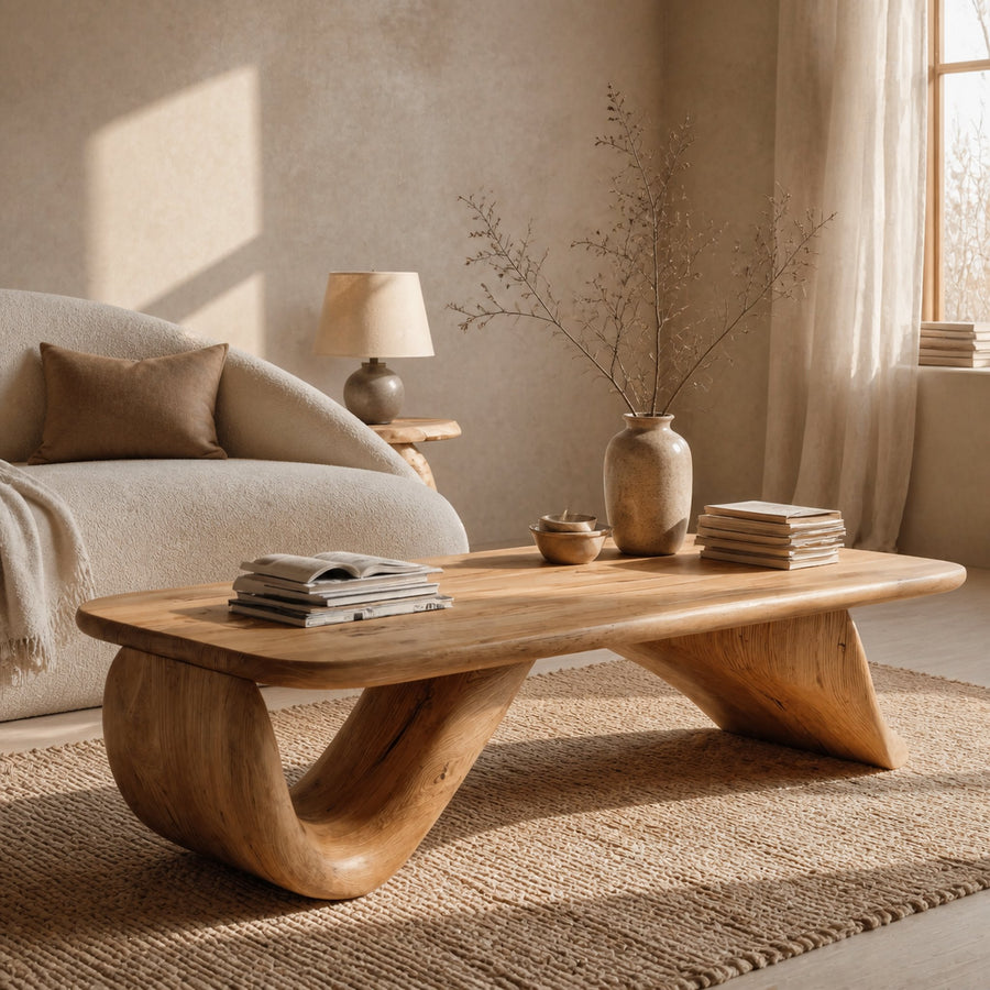 Organic Wood Coffee Table With Sculpted Curved Base For Living