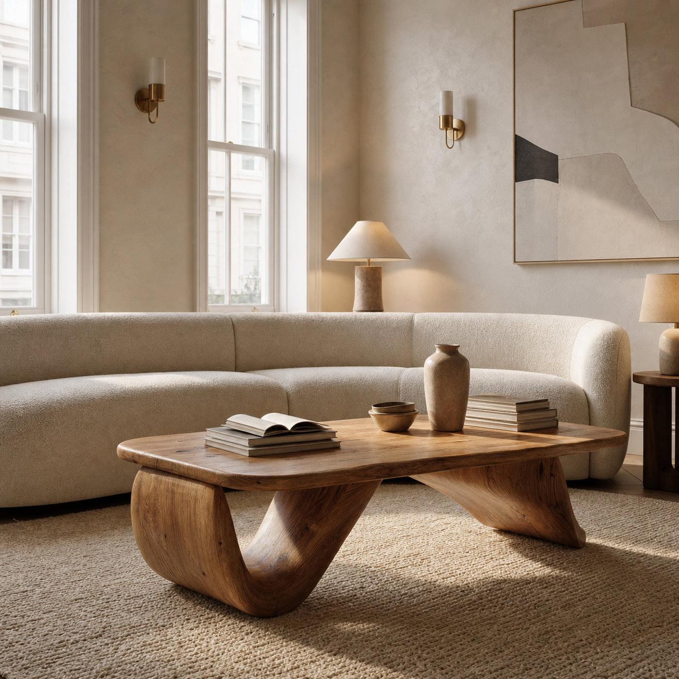 Organic Wood Coffee Table With Sculpted Curved Base For Living - product view 6