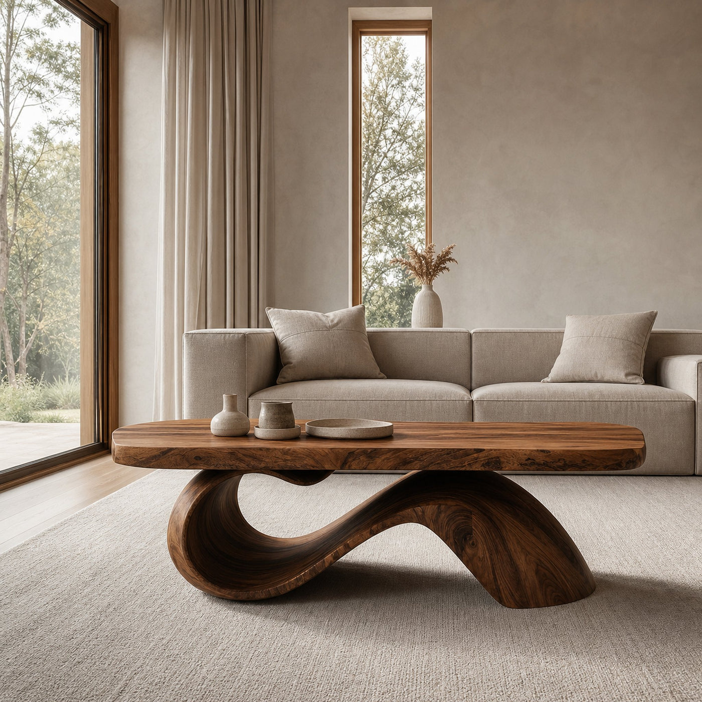 Organic Wooden Coffee Table With Sculptural Base For Living Room