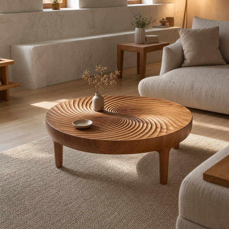 Ripple Carved Wood Coffee Table Living Room