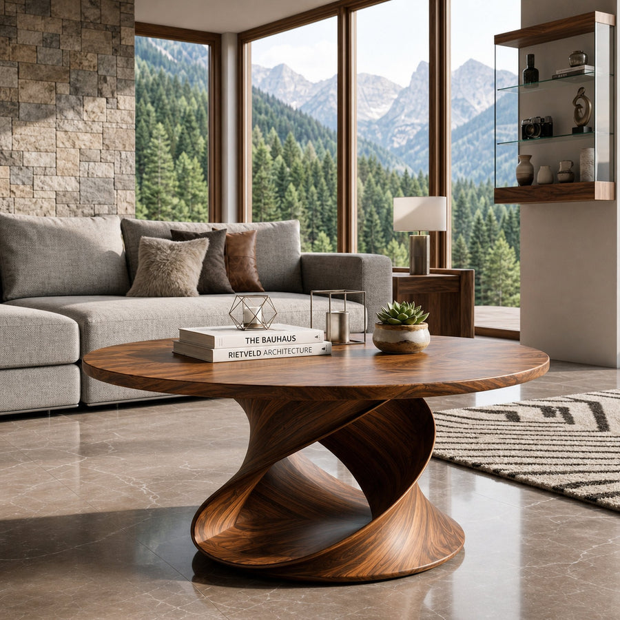 Round Coffee Table With Spiral Base For Contemporary Interior