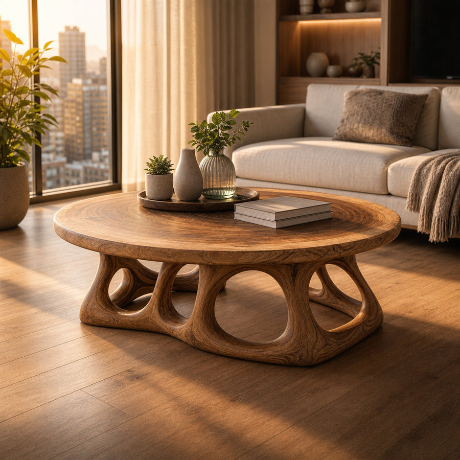 Round Sculpted Solid Wood Coffee Table Organic Balance Modern Living Room Interior