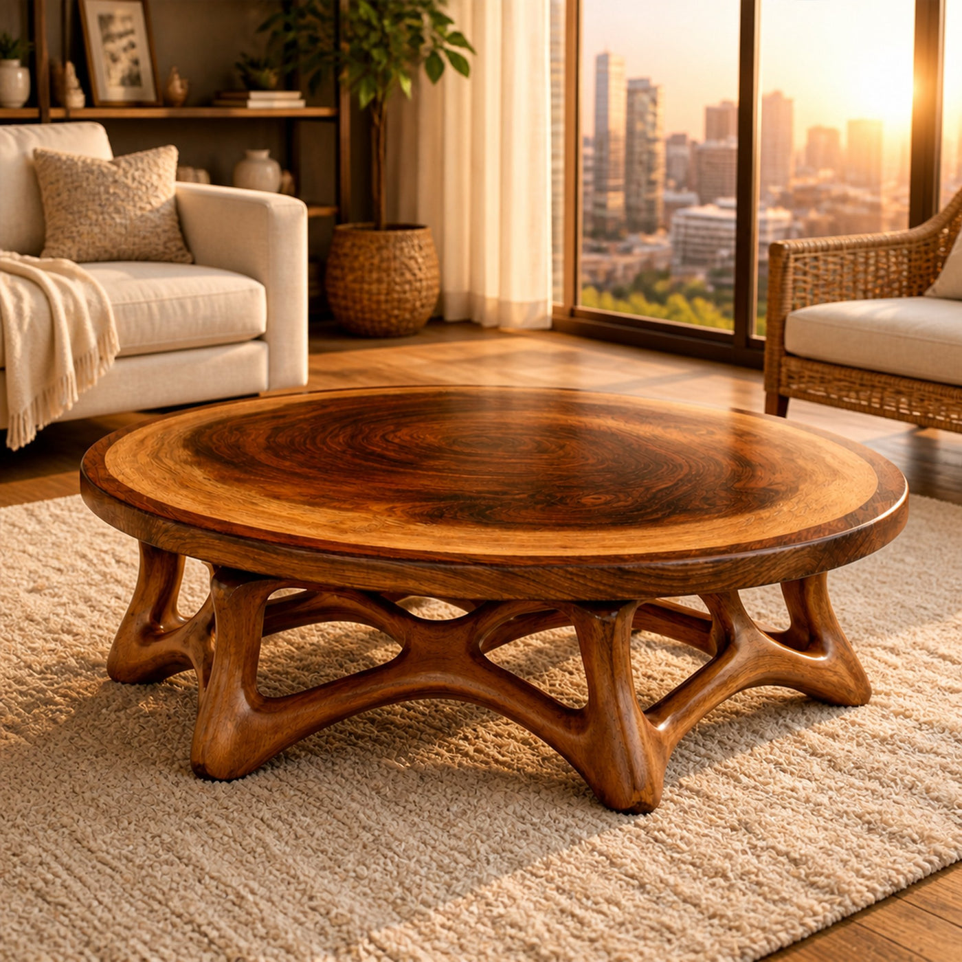 Round Sculptural Solid Wood Coffee Table Organic Base Modern Living Room Interior