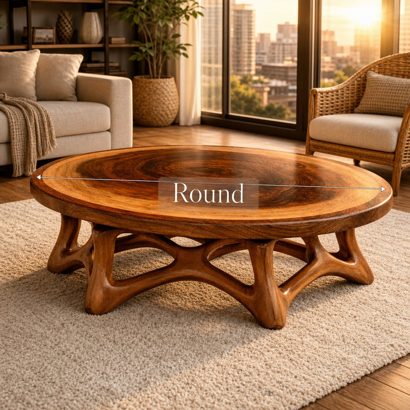 Round Sculptural Solid Wood Coffee Table Organic Base Modern Living Room Interior - product view 6