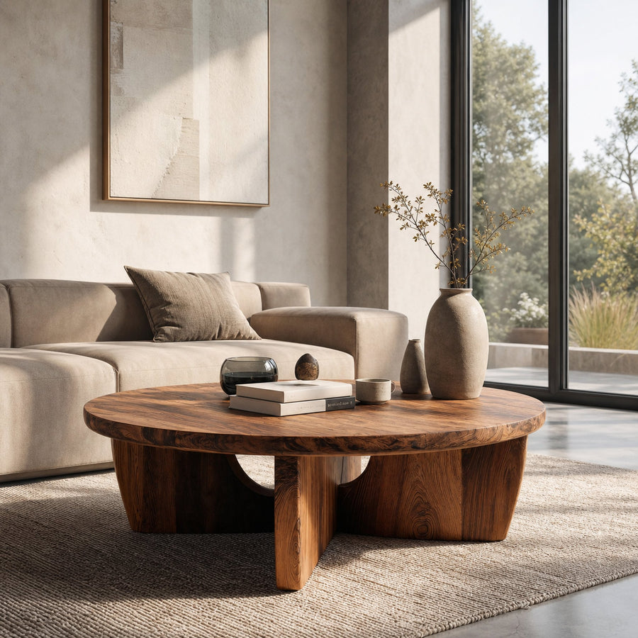 Round Wooden Coffee Table Unique Base Design For Home