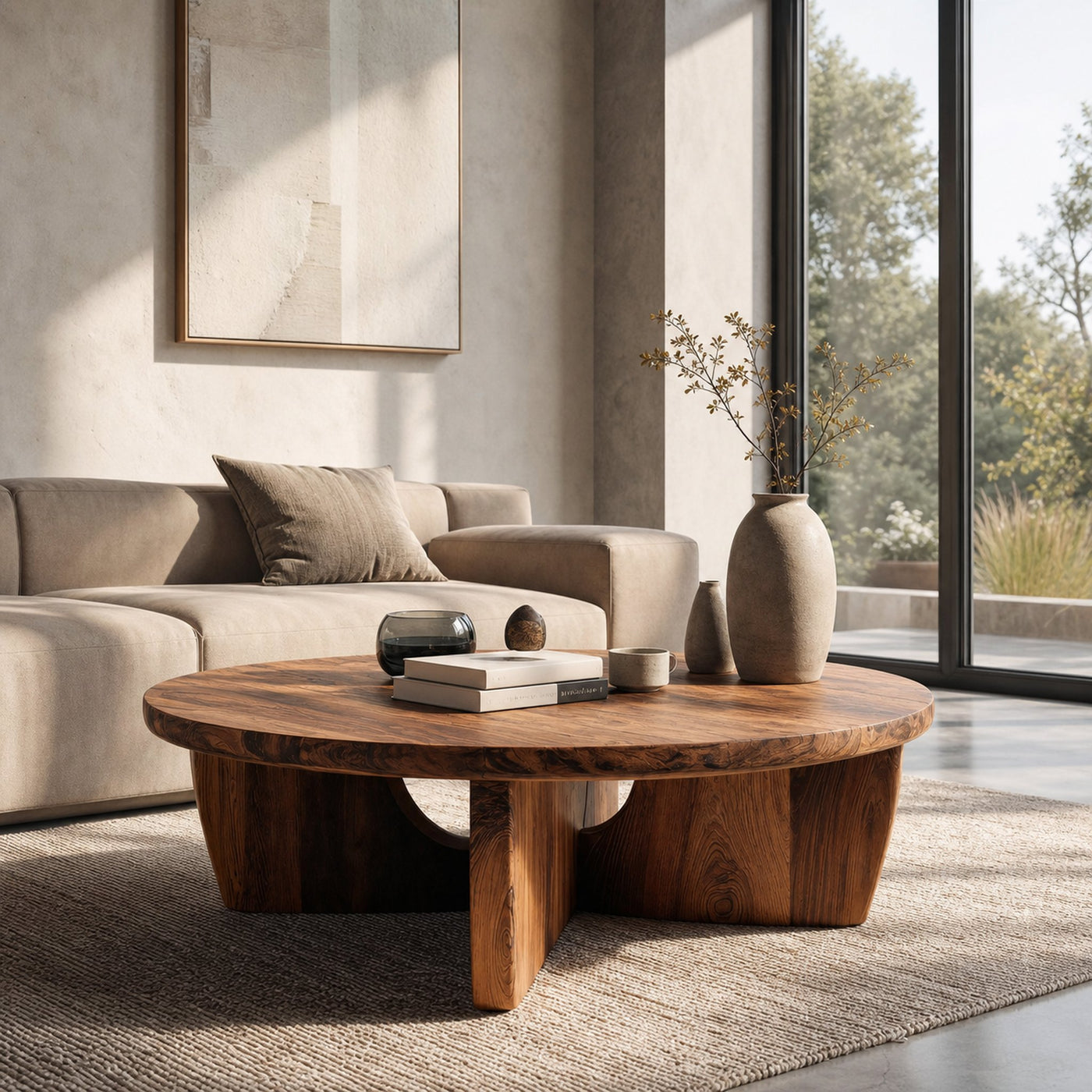 Round Wooden Coffee Table Unique Base Design For Home