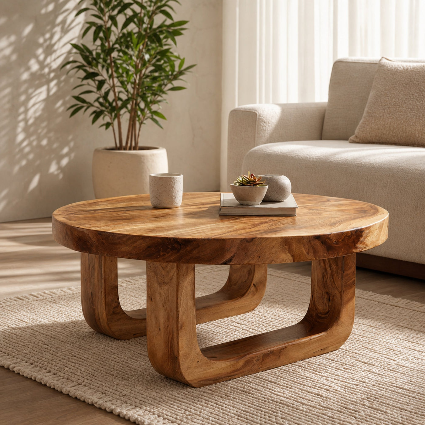 Rounded Base Solid Wood Coffee Table Soft Modern Living Room Interior
