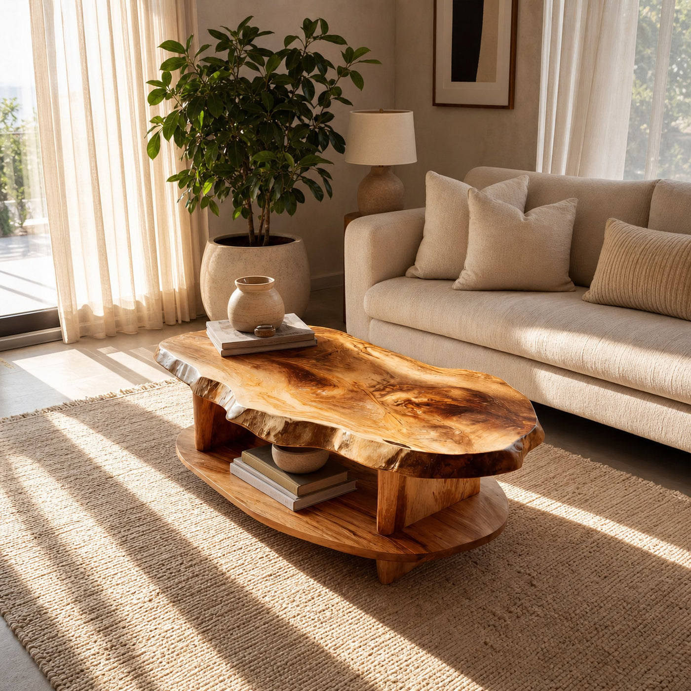 Rustic Coffee Table Live Edge And Shelf For Living